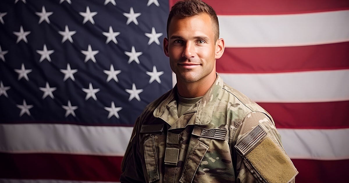 Image of U.S. military soldier on flag background
